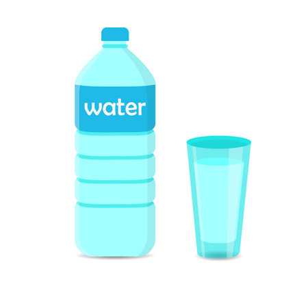 Plastic bottle and glass of water.Vector illustrationのイラスト素材