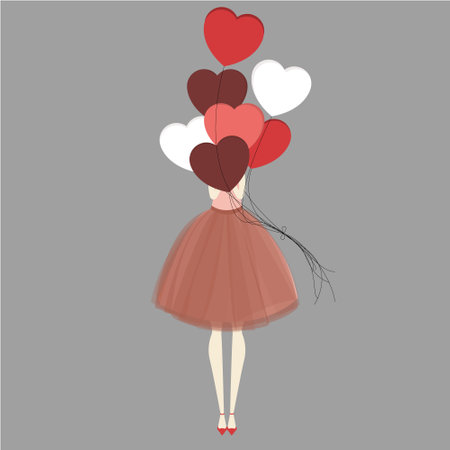 Girl in a beautiful dress. Balloons. Vector illustration for a holiday card, poster or print on clothes. Hearts, love and valentines day.のイラスト素材