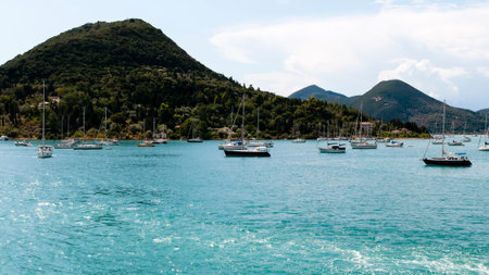 Nydri, Lefkada - Greece - September .09.2021: view of the harbor from the seaのeditorial素材