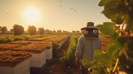 Golden rays of the setting sun at the Bee Hive Farm.の写真素材