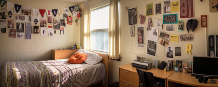 Background image of teenagers room with lights and pictures on the wall, copy spaceの写真素材