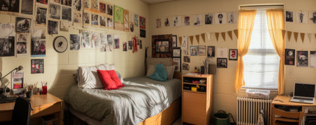 Background image of teenagers room with lights and pictures on the wall, copy space