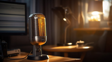 Vintage microphone against the computer at home.の写真素材