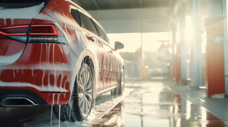 Washing car's with light flares in the background. Red hatchback covered in soap.の写真素材