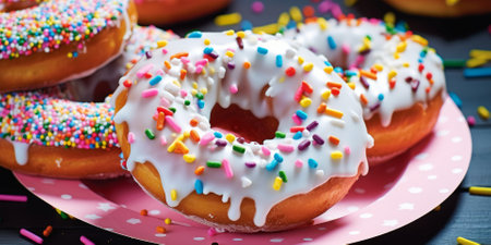 Various colorful glazed donuts with sprinkles. Photo for background.の写真素材