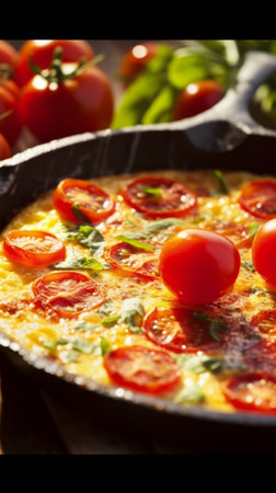 Colorful delicious Frittata. Very contrasty light is bringing the depth and vibrancy of this tasteful dish. Best for blog.の写真素材