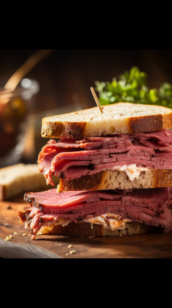Large pastrami sandwich piled high with meat. Best for social media and culinary blogs.の写真素材