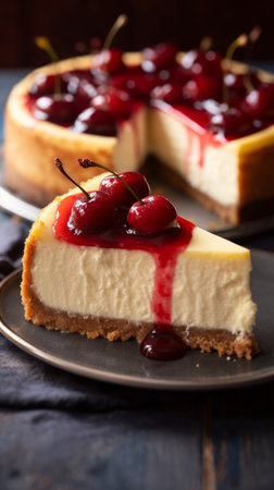 Dessert - Cheesecake with Cherry Sauce on a plate. Conceptual food photo for blog and social media.の写真素材