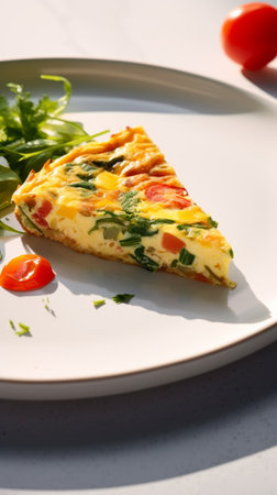 Colorful delicious Frittata. Very contrasty light is bringing the depth and vibrancy of this tasteful dish. Best for blog.の写真素材