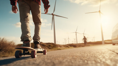 Skateboarding in sunset with wind farm in the background. Young society and renewable energy concept.の写真素材