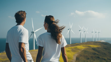 Runner couple wearing white sports clothes and wind farm in the background. Renewable energy...