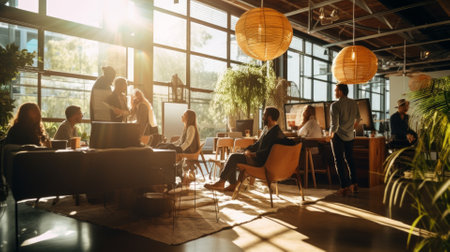 Multiracial young creative people in modern office. sunset lighting.の写真素材