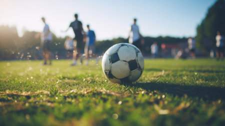 Traditional soccer ball on soccer field in sunny weather. Blurred people in the background.の写真素材