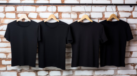 Black t-shirt hanging on a hanger against brick wall.の写真素材