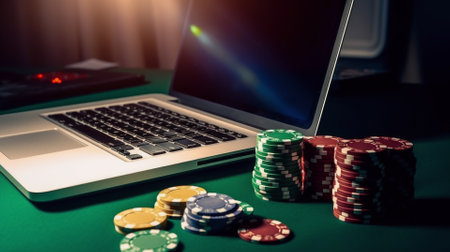 Online poker casino on laptop computer. Online gaming concept photo for background.の写真素材