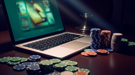 Online poker casino on laptop computer. Online gaming concept photo for background.の写真素材