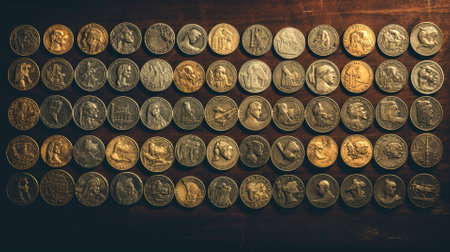 Ancient Greek or Roman gold coins. Old rare money. Valuable coin, civilization and history. background photo.の写真素材