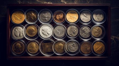 Ancient Greek or Roman gold coins. Old rare money. Valuable coin, civilization and history. background photo.の写真素材