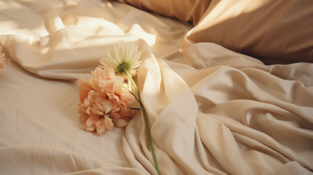 Bed cloth material closeup detail with flowers. Relaxed lifestyle theme.の写真素材