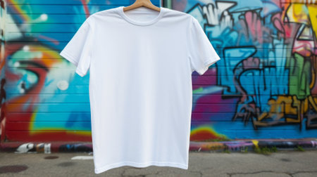 Photo of white tshirt hanging on the hanger against graffiti wall. Fashion concept photo.