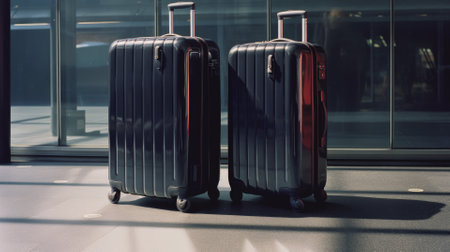 Travel and Fashion. Luxyry luggage, metal roller suitcases at Airport terminal. Waiting at the terminal. Holiday background photo.の写真素材