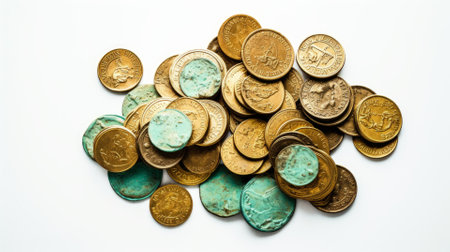 Ancient Greek or Roman gold coins. Old rare money. Valuable coin, civilization and history. background photo.の写真素材