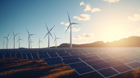 Wind turbine energy generators and solar panels. Clear skies and evening sun.の写真素材