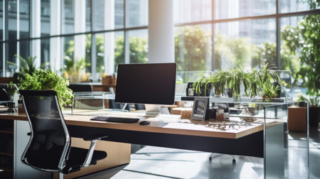 Modern corporate office open space with forest outside the window. Calming and productive workspace for modern lifestyle. Website background.の写真素材