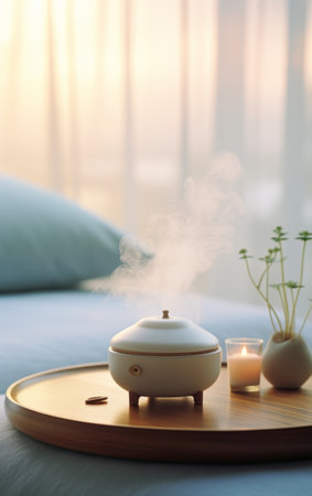 Aroma diffuser perfume and candles. Cozy home decor and aromatherapy. Atmosphere for yoga or hygge...