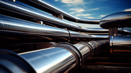 Oil and gas pipline refiners. Industrial pipes in sunny weather. Background for news, webstite or blogpost.の写真素材