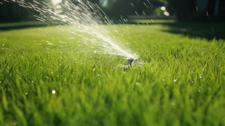 The nozzle of the automatic watering system waters a green lawn.の写真素材