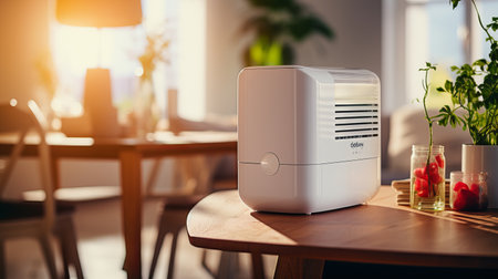Air purifier in cozy white bedroom for filter and cleaning removing dust PM2.5 HEPA and virus in home,for fresh air and healthy Wellness life.Health care Air Pollution Conceptの素材