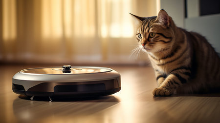 Funny cat playing with a robot vacuum cleaner. Pet friendly smart vacuum cleaner. Housekeeping help, new technology, smart home, daily vacuuming. Horizontalの素材