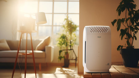 Air purifier in cozy white bedroom for filter and cleaning removing dust PM2.5 HEPA and virus in home,for fresh air and healthy Wellness life.Health care Air Pollution Conceptの素材