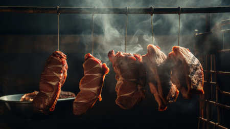 Smoked delicious meat with natural wooden smoke. Moody lighting. Website header or social media use.の素材