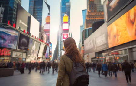 Young female tourist backpacker traveling around the world. Travel Destination - New York, USAの素材