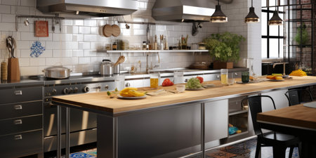 Moder interior design of a kitchen. Stainless steel and white tiles.の素材