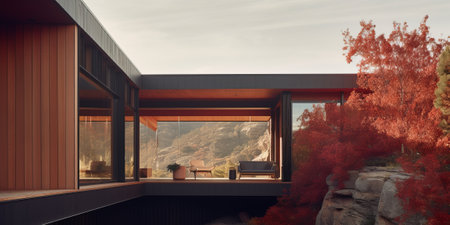 Modern Architecture - a residence on Rocky Mountain surrounded by colorful foliage.の素材