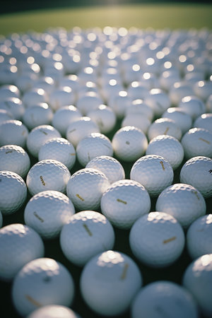 Golf balls background. Many white golf balls with realistic dimple texture lying in a pile. 3d renderingの素材