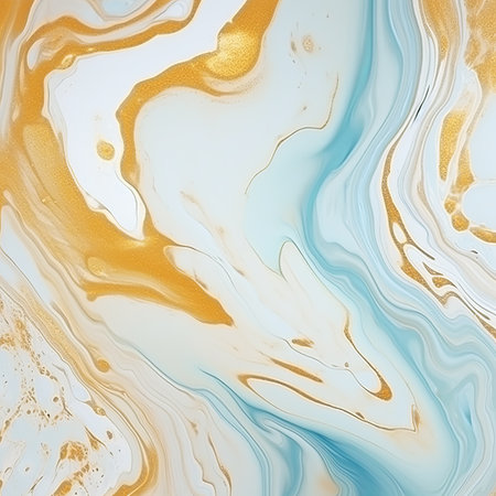 Painted background. Abstract emotional art. Modern design element. Golden liquid acrylic paints. Marble texture.の素材
