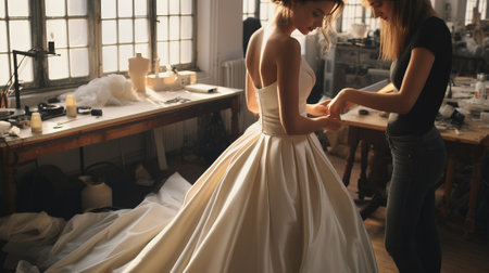 Helping the bride to put her wedding dress onの素材