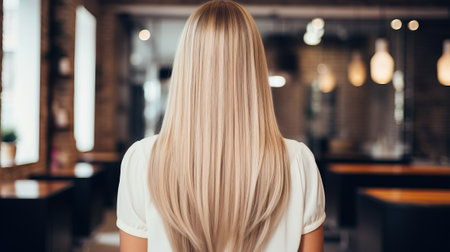 Portrait of a beautiful girl with luxurious long hair. Back view.の素材