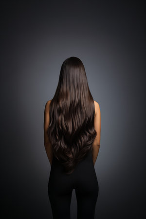 Portrait of a beautiful girl with luxurious long hair. Back view.の素材