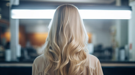 Portrait of a beautiful girl with luxurious long hair. Back view.の素材