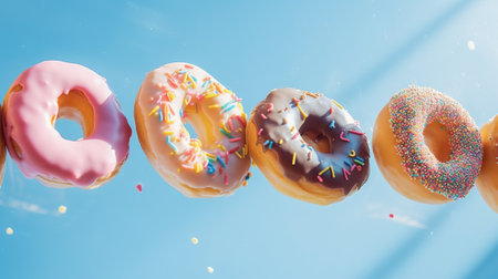 Donuts with sprinkles flying over white background.の素材