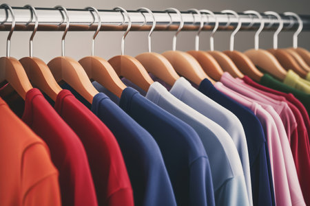 Fashion clothes on clothing rack - bright colorful closet. Closeup of rainbow color choice of trendy female wear on hangers in store closet or spring cleaning concept. Summer home wardrobe.の素材
