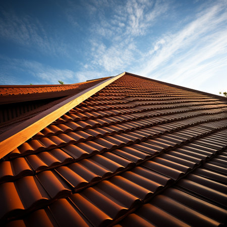 Roof house with tiled roof on blue sky.の素材