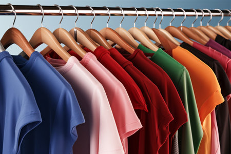 Fashion clothes on clothing rack - bright colorful closet. Closeup of rainbow color choice of trendy female wear on hangers in store closet or spring cleaning concept. Summer home wardrobe.の素材