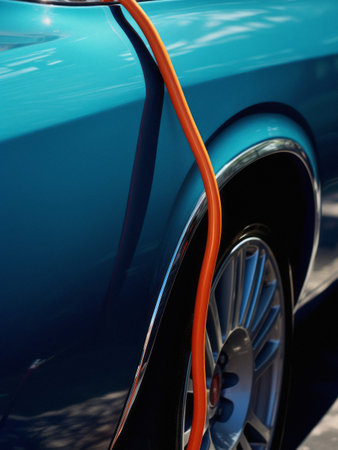 A charging cable connected to the car. Closeup Abstract Photography.の素材