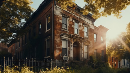Neglected typical american property with overgrown grass - a real estate investing concept of properties needing work, TLC, renovating. Arbitrage and house flipping.の素材